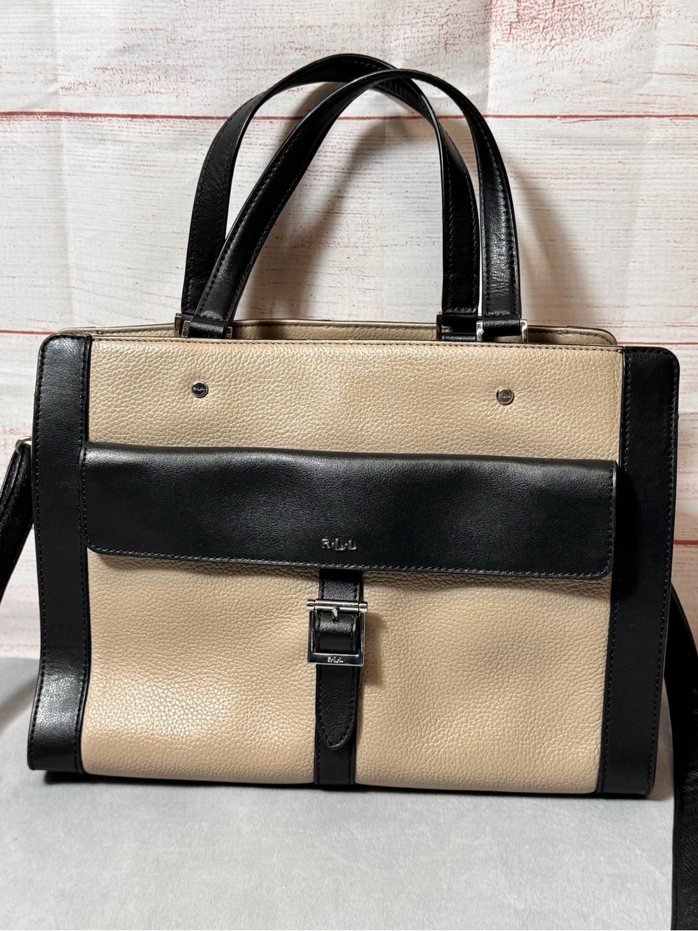 Ralph Lauren Black and Beige Leather Tote with Front Buckle
